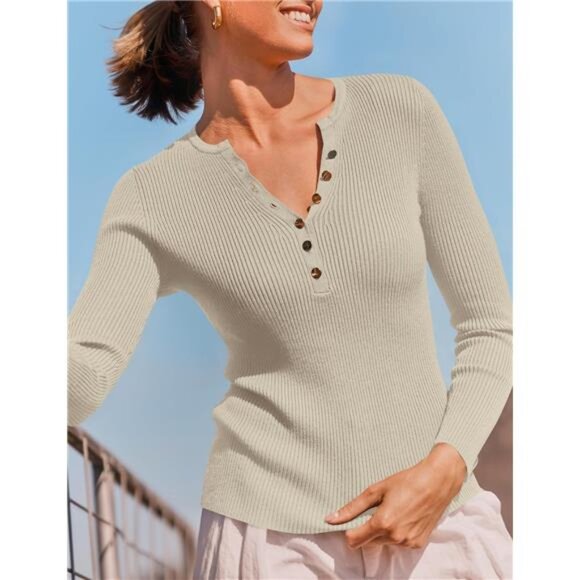 Women's Long Sleeve Button-Down V-Neck Slim Fitted Ribbed Knit Tee - Picture 5 of 8